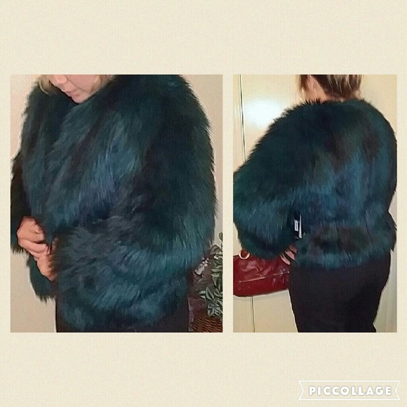 Guess Faux Fur Jacket in Teal and Brown - Picture 3 of 4